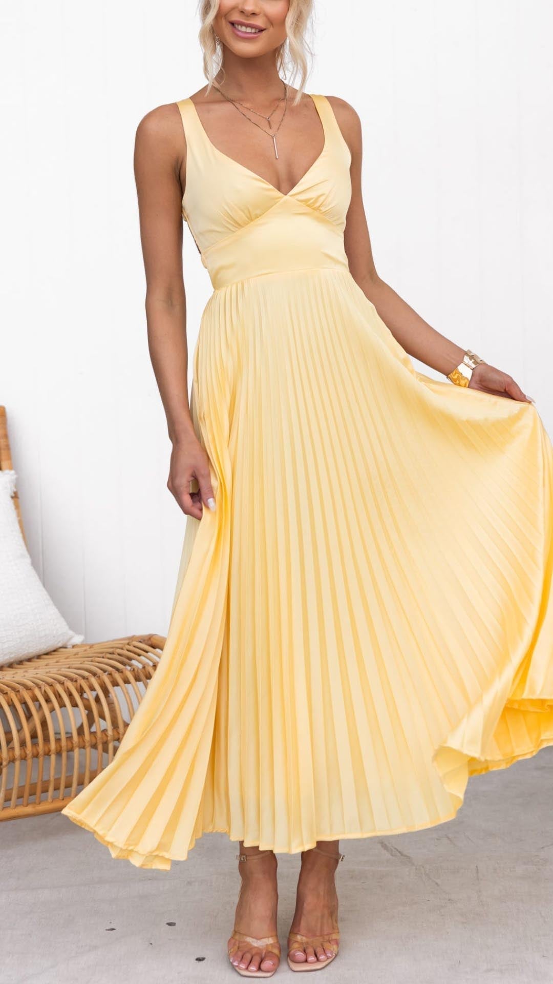 Stella™ | Gele Plissé V-hals Maxi jurk