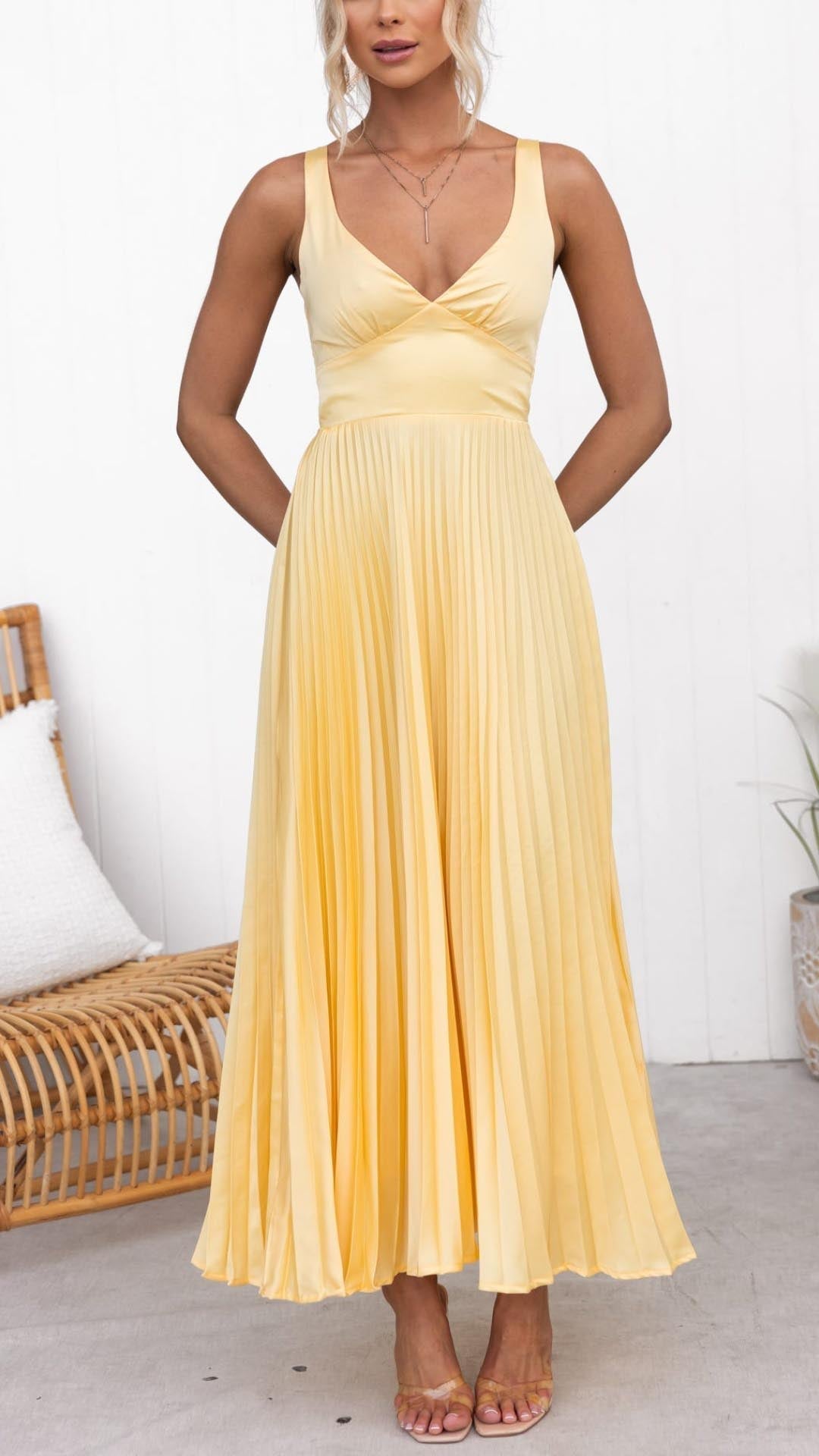 Stella™ | Gele Plissé V-hals Maxi jurk