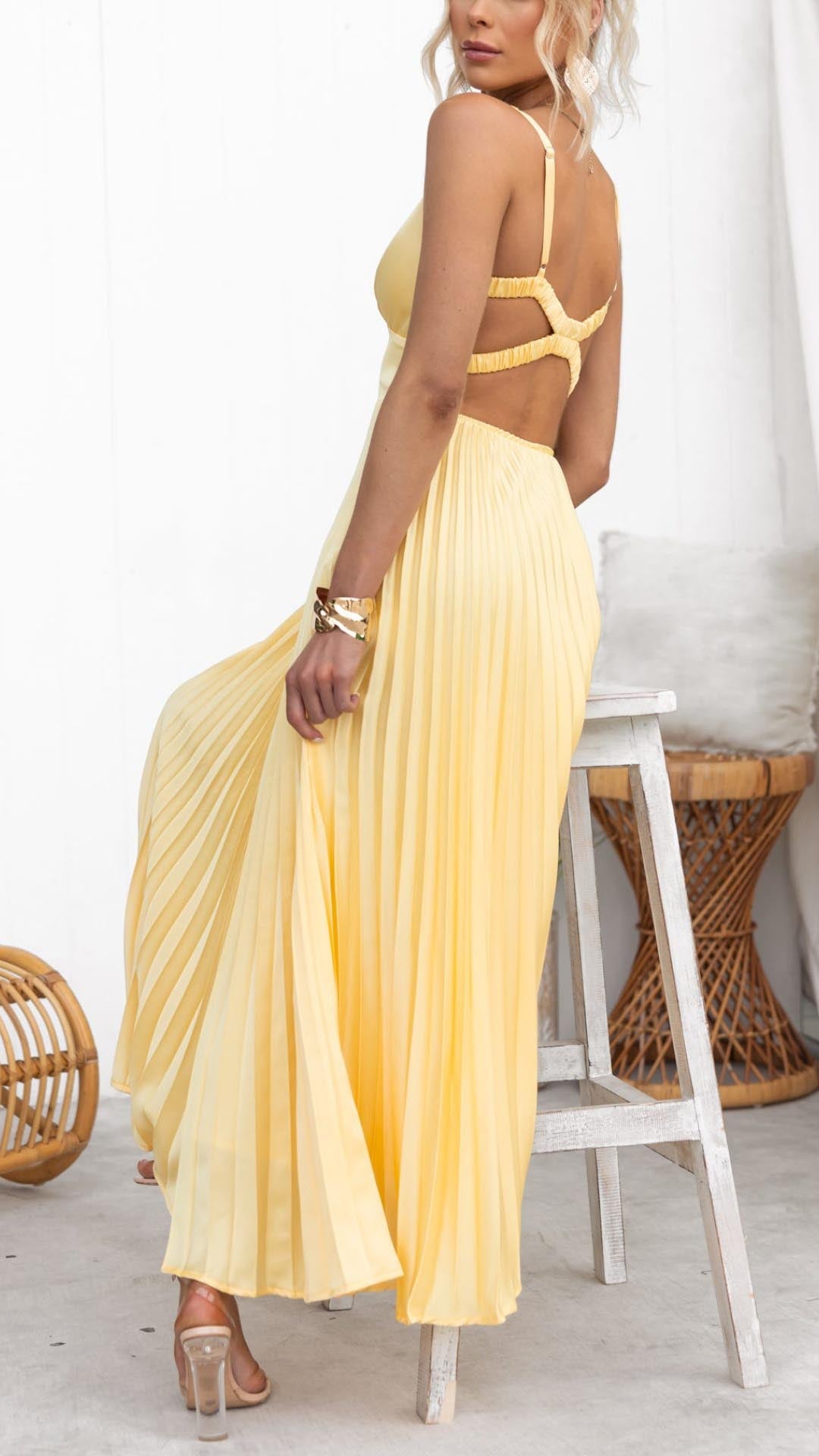 Stella™ | Gele Plissé V-hals Maxi jurk