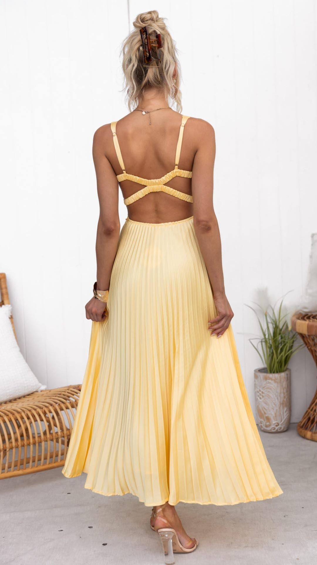 Stella™ | Gele Plissé V-hals Maxi jurk