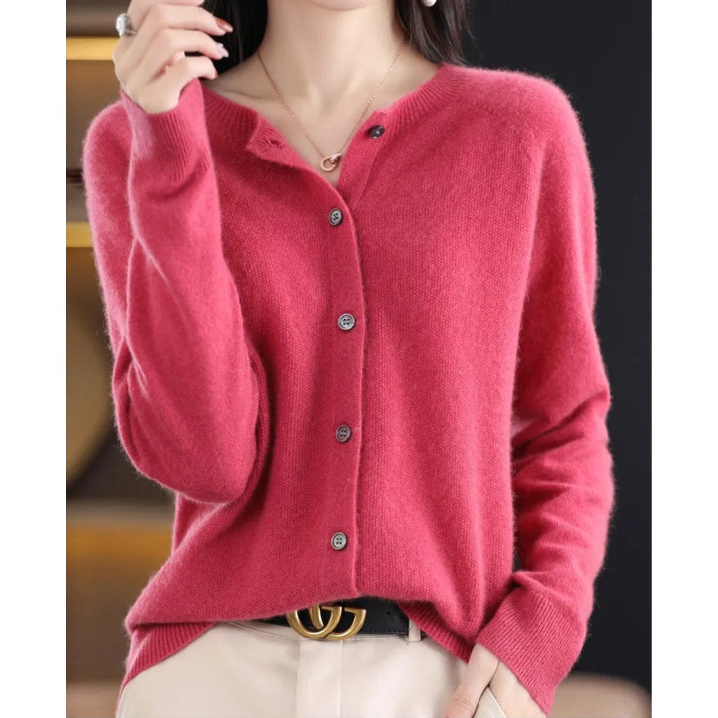 Zuivere Wollen Dames O-hals Cardigan Trui